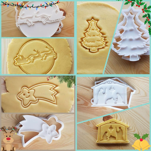 Collage di formine e impronte nella pasta frolla: slitta con renne, albero di Natale, stella cometa e presepe.
