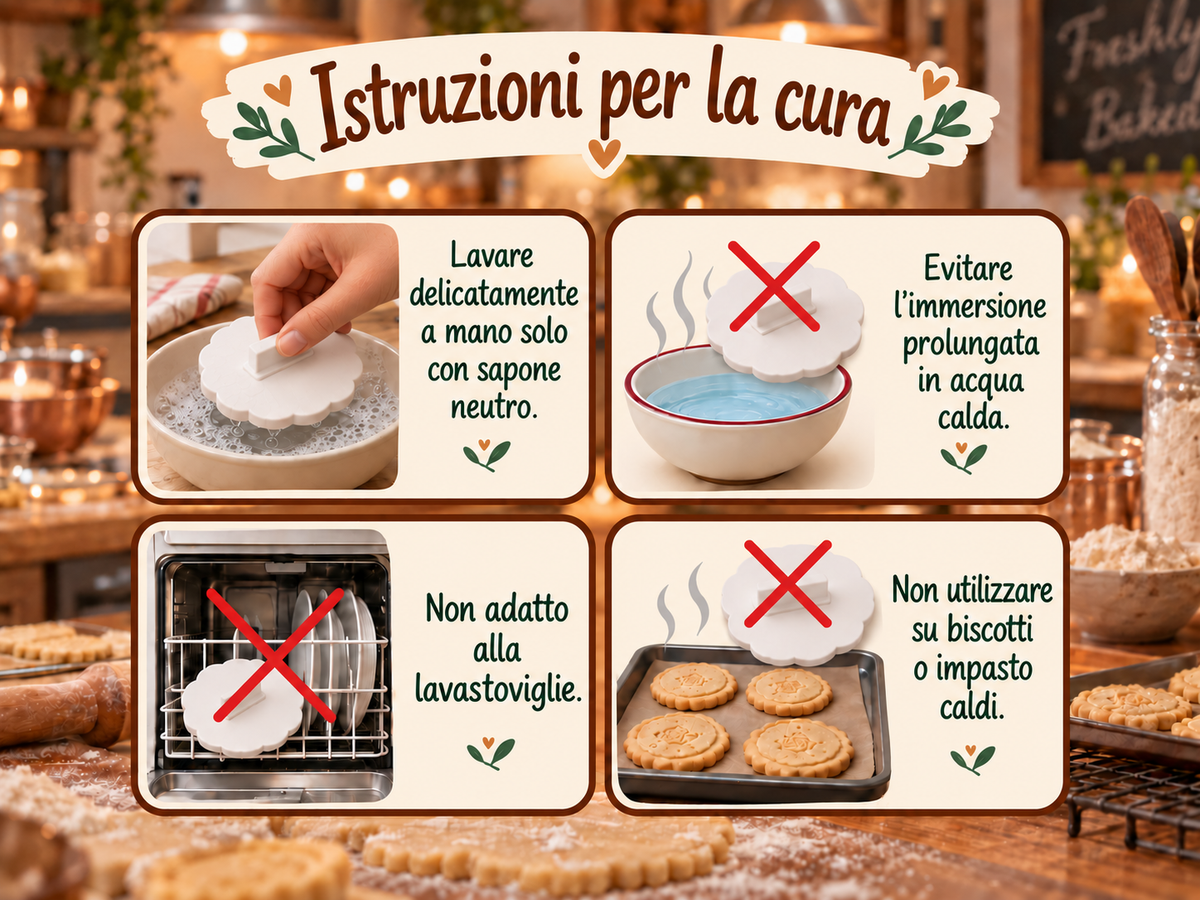 Cura del timbro: lavaggio a mano con sapone neutro; evitare lavastoviglie, acqua calda e impasti caldi