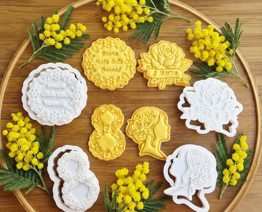 Set Tagliabiscotti Floreali Festa della Donna, Timbri Rosa, Profilo Donna e Numero 8 per Regali dell'8 Marzo, Decorazioni in Pasta di Zucchero e Dolci Primaverili