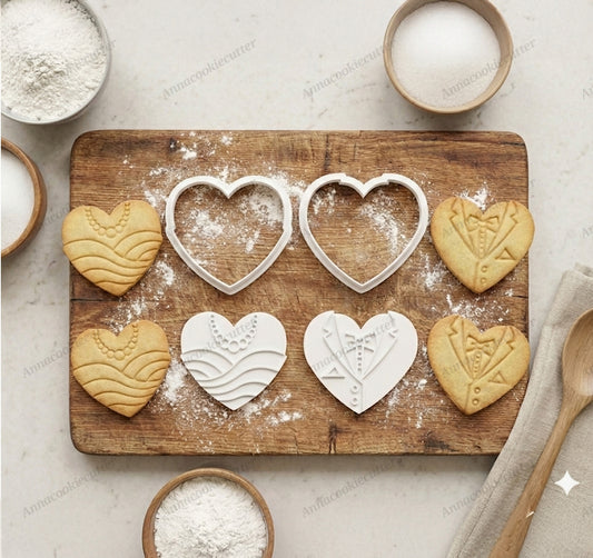 Set Tagliabiscotti Cuore Sposi – Formine con Timbro Abito da Sposa e Smoking per Bomboniere Matrimonio, Segnaposto e Decorazioni in Pasta di Zucchero