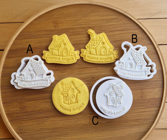 Tagliabiscotti Casetta Personalizzata con Banner – Formina con Timbro per Regali di Famiglia, Festa dei Nonni e Biscotti di Natale