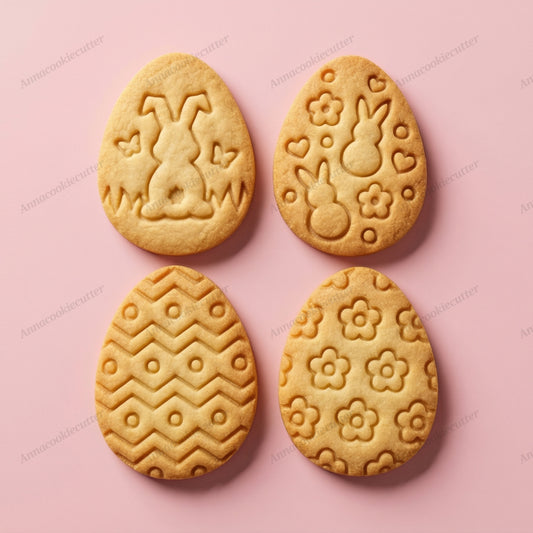 Set Tagliabiscotti e Timbri a Forma di Uovo di Pasqua – Formine con Coniglietto, Motivi Floreali e Chevron per Dolci di Primavera, Regali Pasquali Personalizzati
