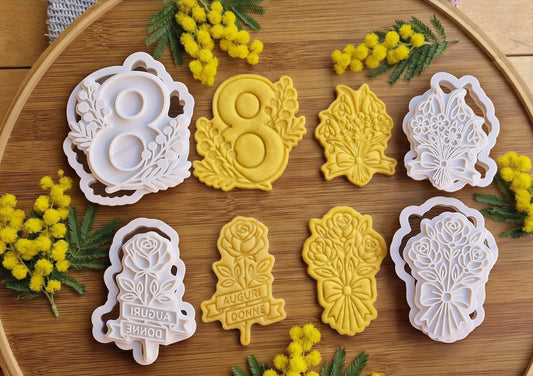 Set Tagliabiscotti e Timbri Floreali Festa della Donna 8 cm – Formine con Rosa, Profilo Donna e Numero 8 per Regali dell'8 Marzo, Decorazioni in Pasta di Zucchero e Dolci Primaverili