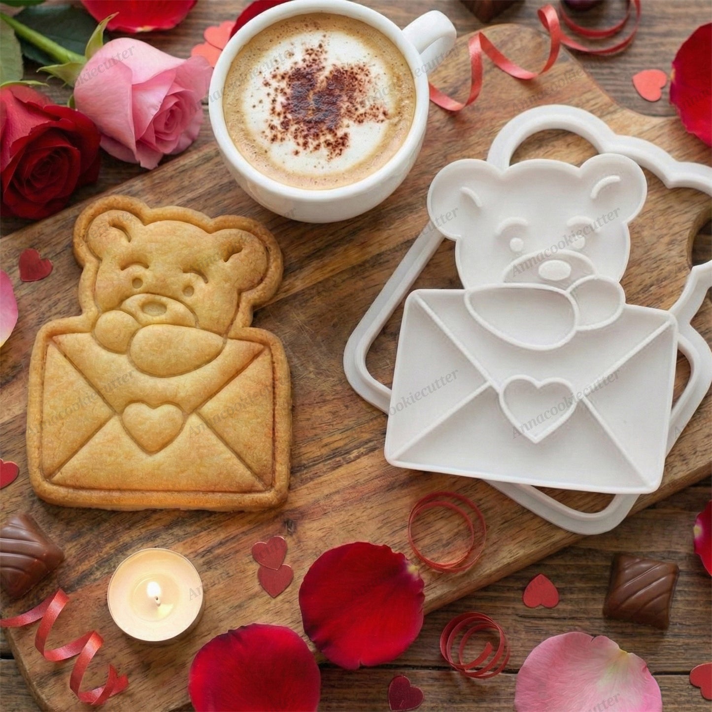 Tagliabiscotti Orsetto con Lettera d'Amore – Formina Orsacchiotto che Abbraccia Busta con Cuore per San Valentino 8x7 cm