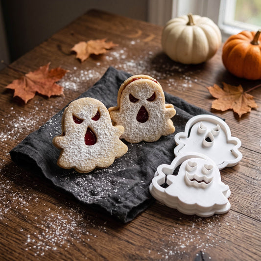 Biscotti fantasma farciti con confettura e zucchero a velo, accanto agli stampi Halloween.