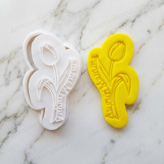 Tagliabiscotti Tulipano Festa della Mamma - Timbro "Auguri Mamma" per Regali di Compleanno e Dolci Floreali 11x6 cm