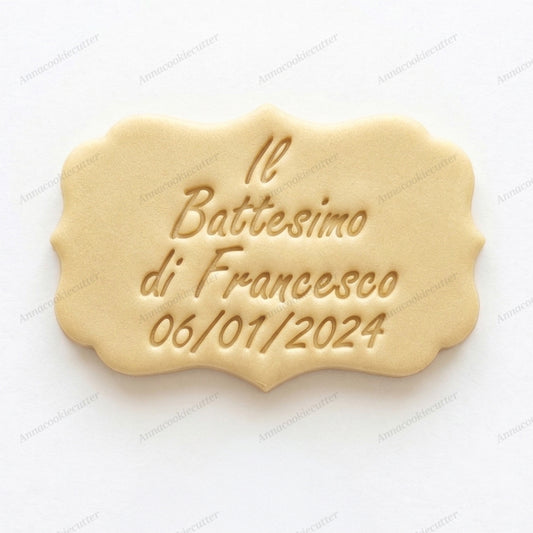 Tagliabiscotti Battesimo Personalizzato - Timbro Placca Elegante con Nome e Data per Bomboniere