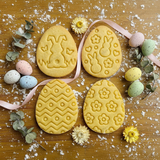 Set Tagliabiscotti e Timbri a Forma di Uovo di Pasqua – Formine con Coniglietto, Motivi Floreali e Chevron per Dolci di Primavera, Regali Pasquali Personalizzati