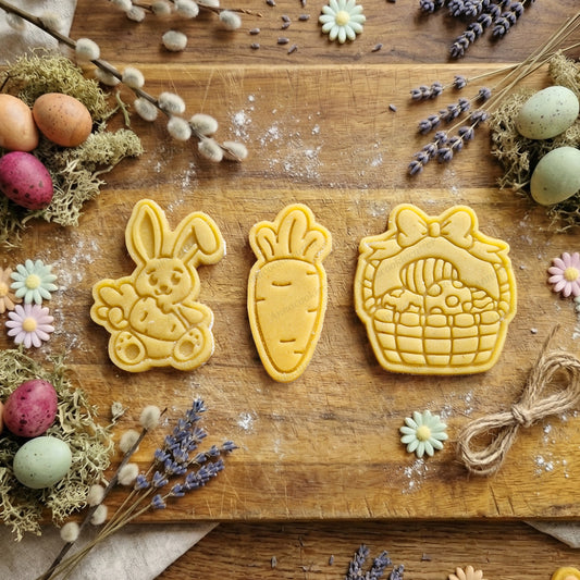 Set Tagliabiscotti e Timbri di Pasqua – Formine a Forma di Coniglietto con Uovo, Carota e Cestino Floreale per Bomboniere Primaverili, Decorazioni in Pasta di Zucchero e Dolci delle Feste