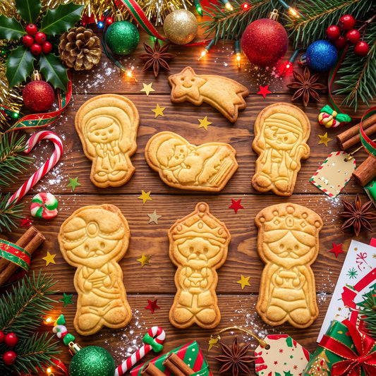Sette biscotti del presepe con Maria, Giuseppe, Gesù Bambino, stella cometa e Re Magi, tra decorazioni natalizie.
