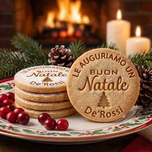 Biscotti rotondi Buon Natale personalizzati con De'Rossi, su un piatto davanti al camino.
