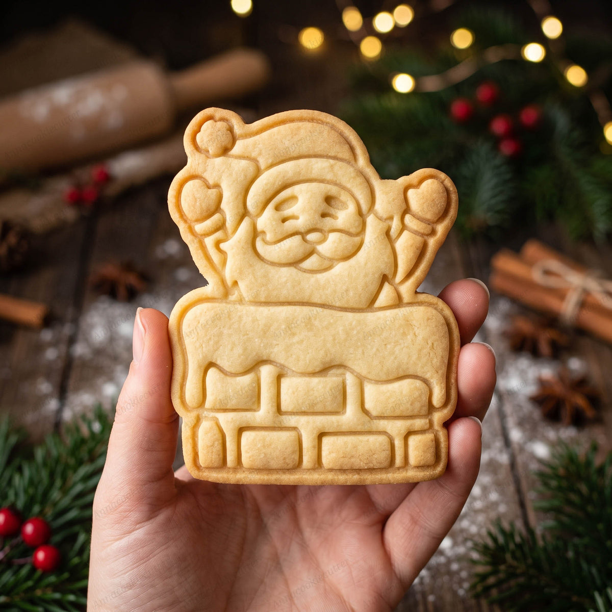 Biscotto tenuto in mano a forma di Babbo Natale che spunta da un camino innevato, con le braccia alzate.
