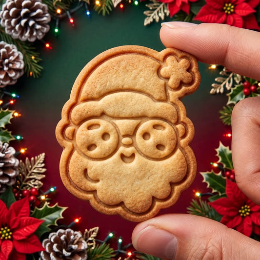 Biscotto tenuto in mano a forma di viso di Babbo Natale con occhiali rotondi, barba e cappello natalizio.

