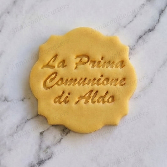 Tagliabiscotti Prima Comunione Personalizzato - Timbro Nome su Placca Elegante per Bomboniere
