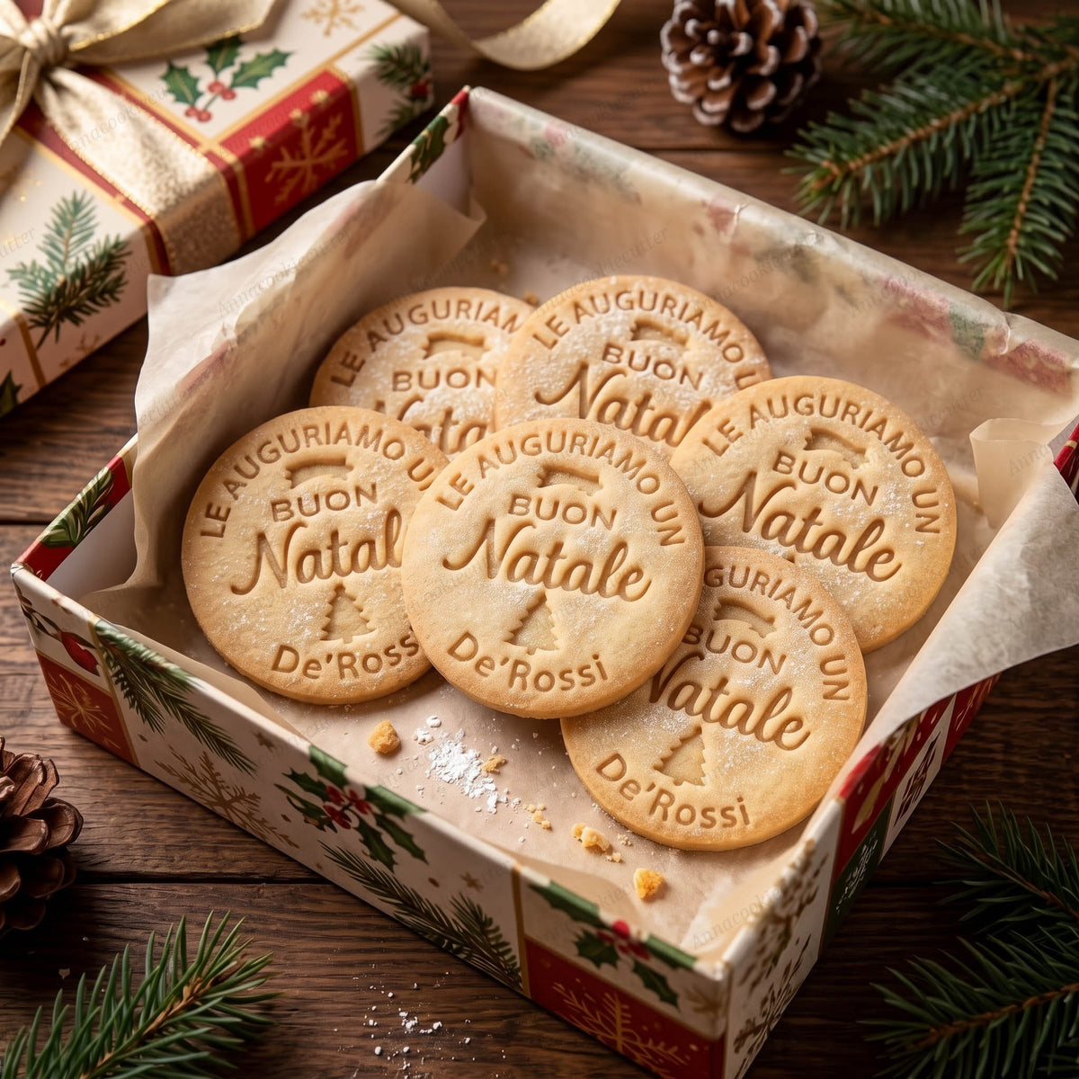 Biscotti Buon Natale con cognome De'Rossi e albero natalizio in una scatola regalo aperta.
