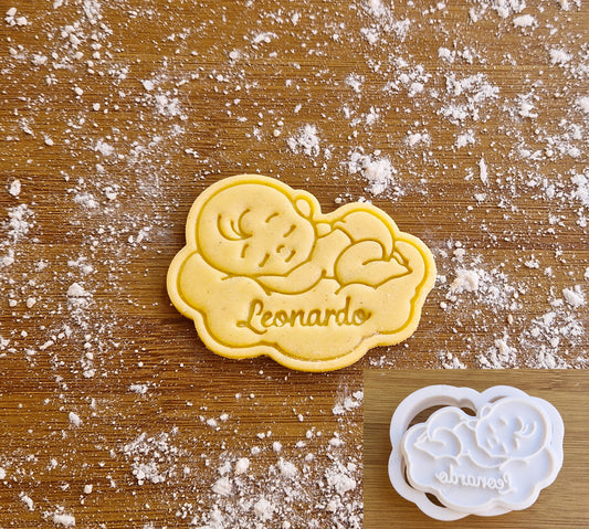 Tagliabiscotti Neonato su Nuvola Personalizzato con Nome Timbro Baby Shower e Battesimo Bomboniera Nascita