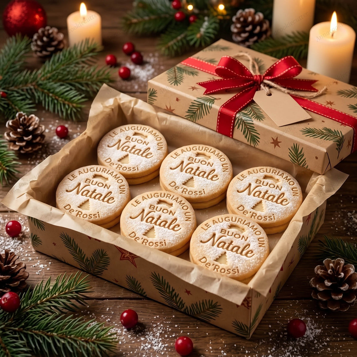 Scatola di biscotti Buon Natale personalizzati con De'Rossi, accanto a un regalo con fiocco rosso.
