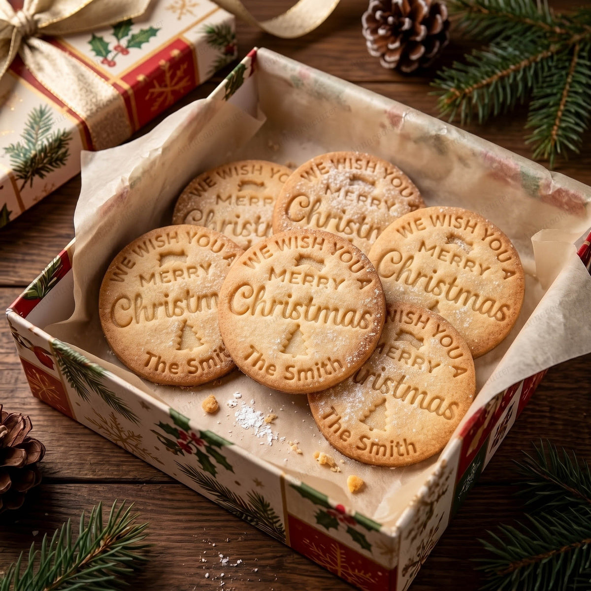 Biscotti natalizi Merry Christmas con cognome The Smith in una scatola regalo aperta.

