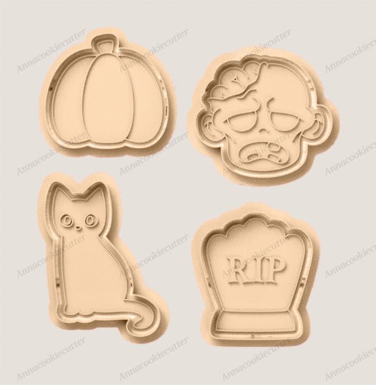 Set 4 Formine Halloween Zucca Testa Zombie Gatto Lapide TagliaBiscotti Spettrali