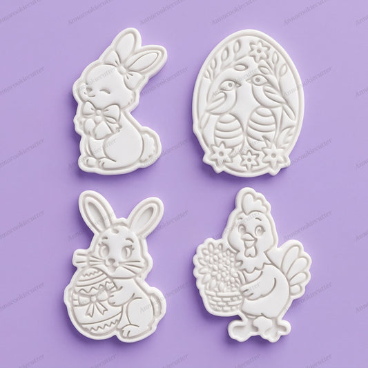Set Tagliabiscotti Coniglietto e Pulcino di Pasqua Timbro Uovo Floreale 8 cm