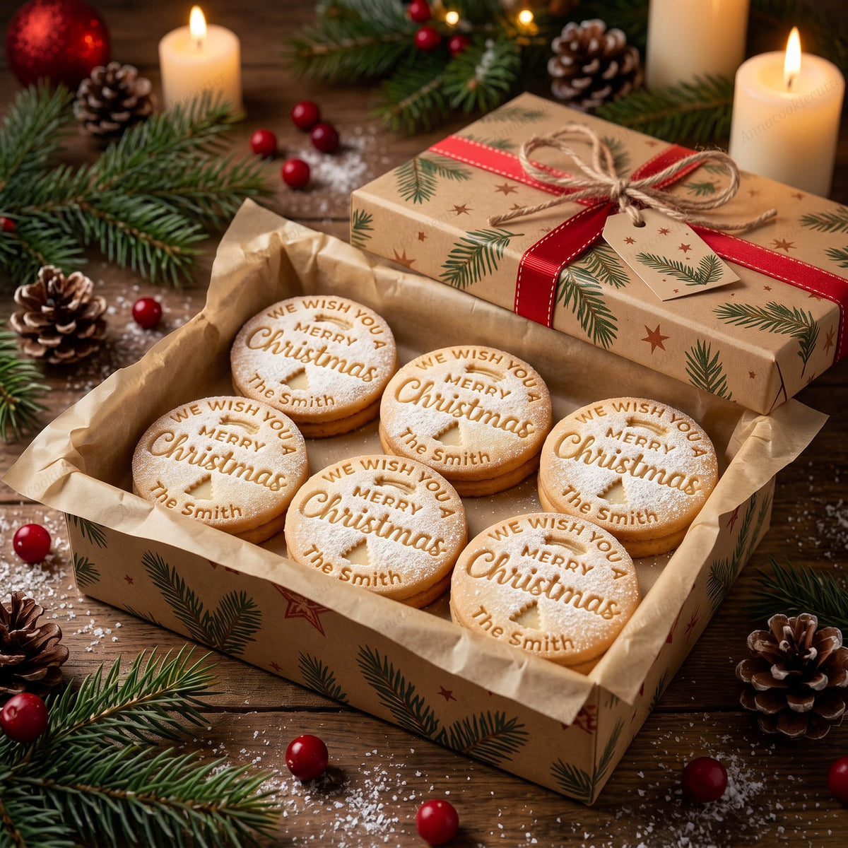 Scatola di biscotti Merry Christmas personalizzati con The Smith, accanto a un regalo con nastro rosso.
