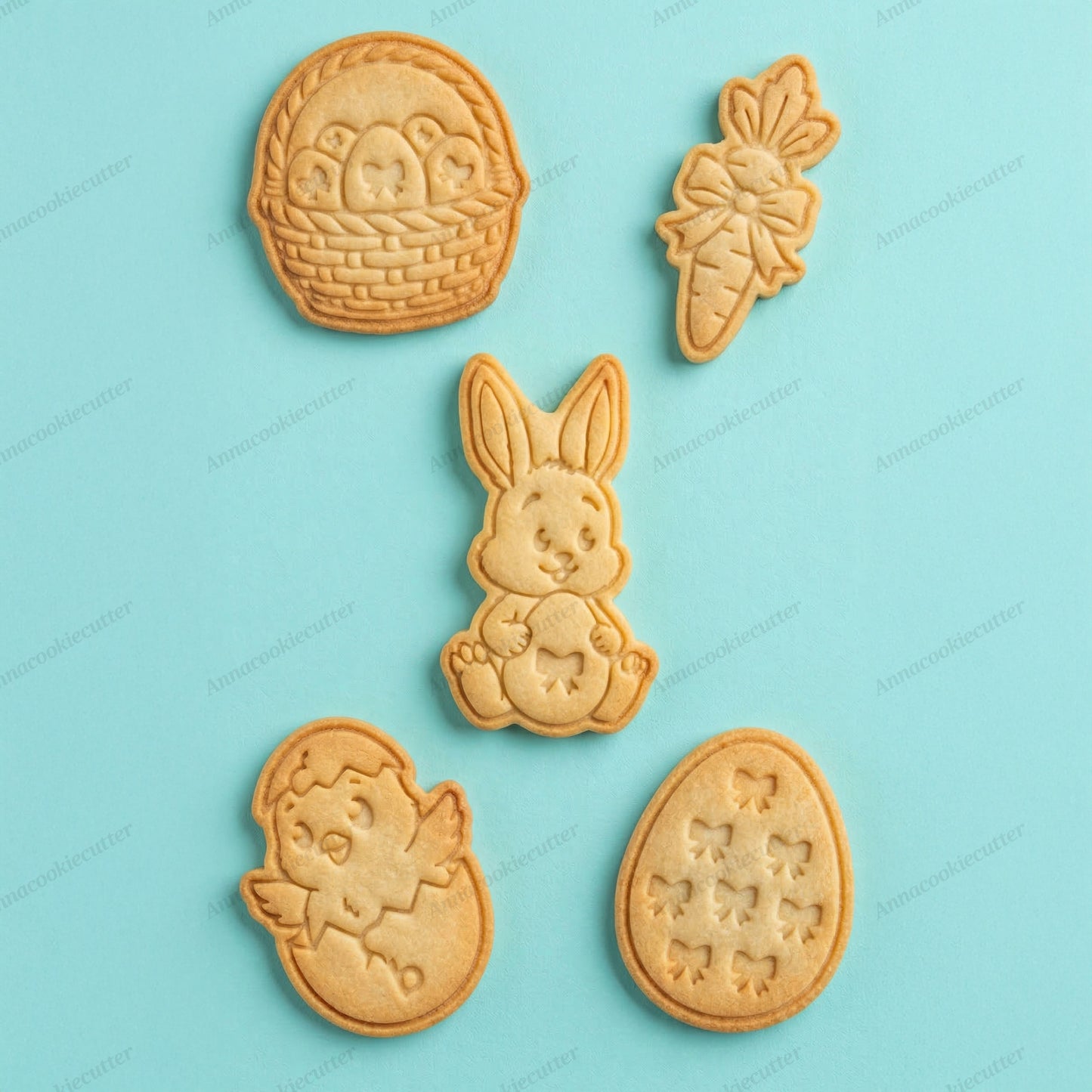 Set Tagliabiscotti di Pasqua – Timbri Coniglietto, Pulcino, Carota, Uovo e Cesto