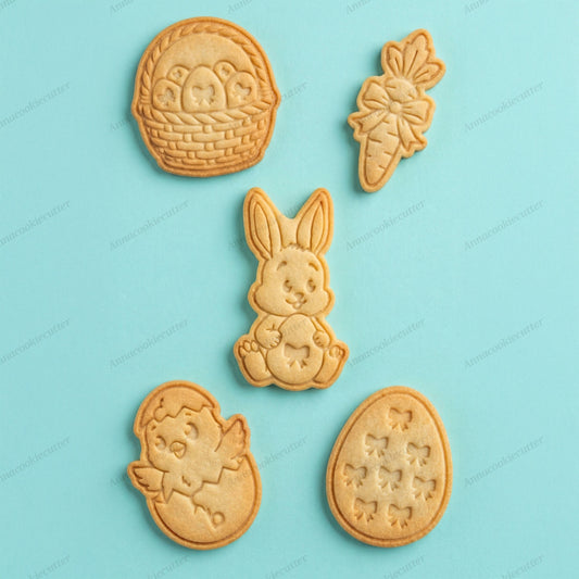 Set Tagliabiscotti di Pasqua – Timbri Coniglietto, Pulcino, Carota, Uovo e Cesto