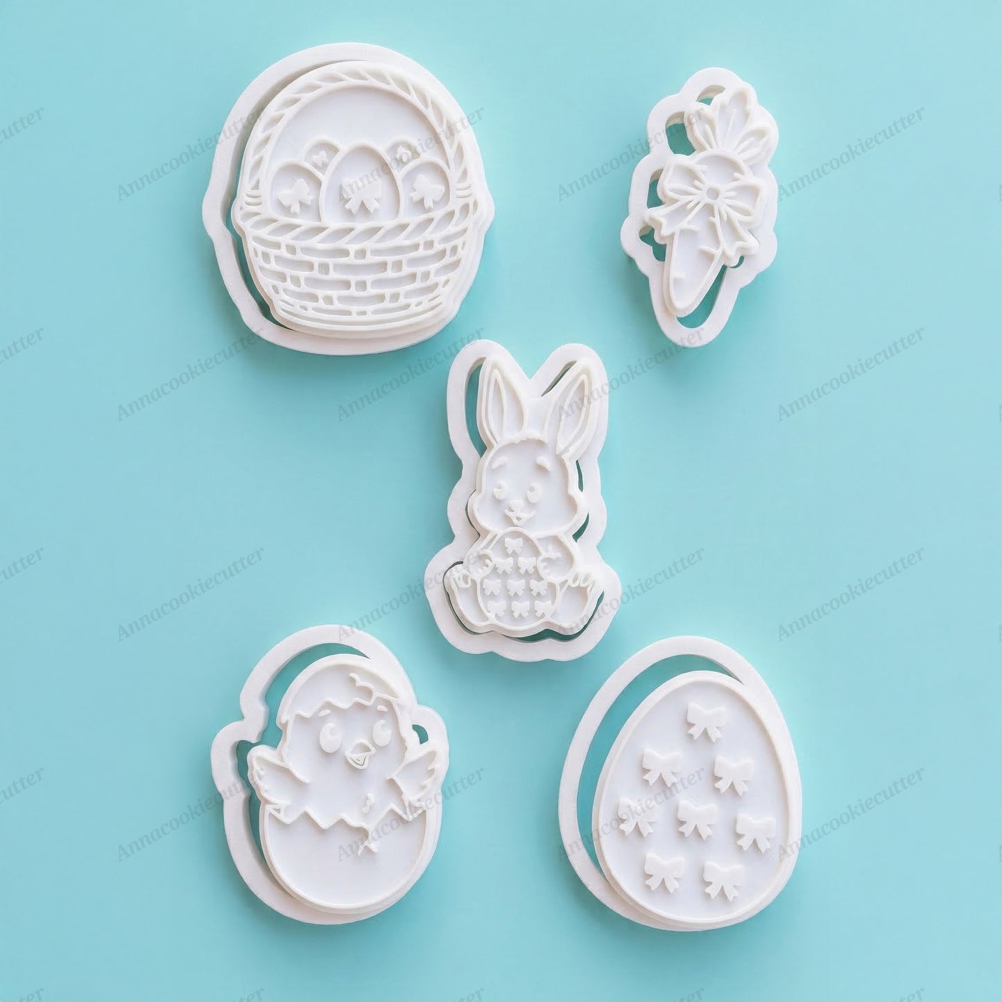 Set Tagliabiscotti di Pasqua – Timbri Coniglietto, Pulcino, Carota, Uovo e Cesto