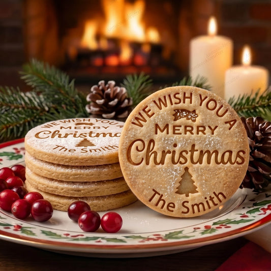 Biscotti rotondi Merry Christmas personalizzati con The Smith, su un piatto davanti al camino.
