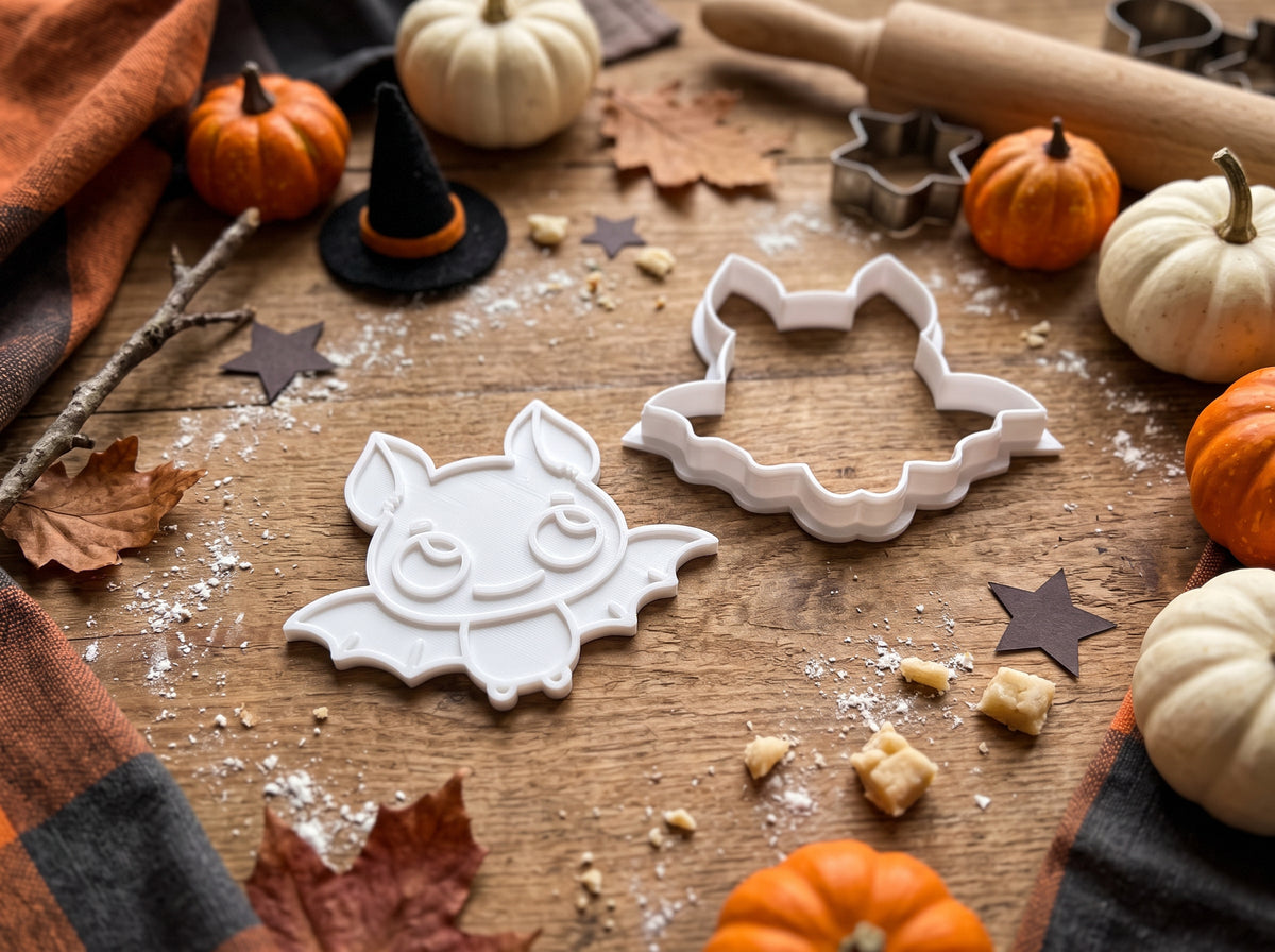 Tagliabiscotti e timbro bianchi a forma di pipistrello con grandi occhi e ali aperte, su un tavolo decorato per Halloween