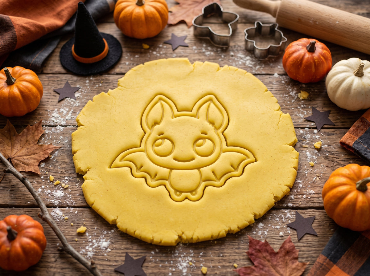 Impronta di un pipistrello sorridente sulla pasta frolla stesa, circondata da decorazioni di Halloween.