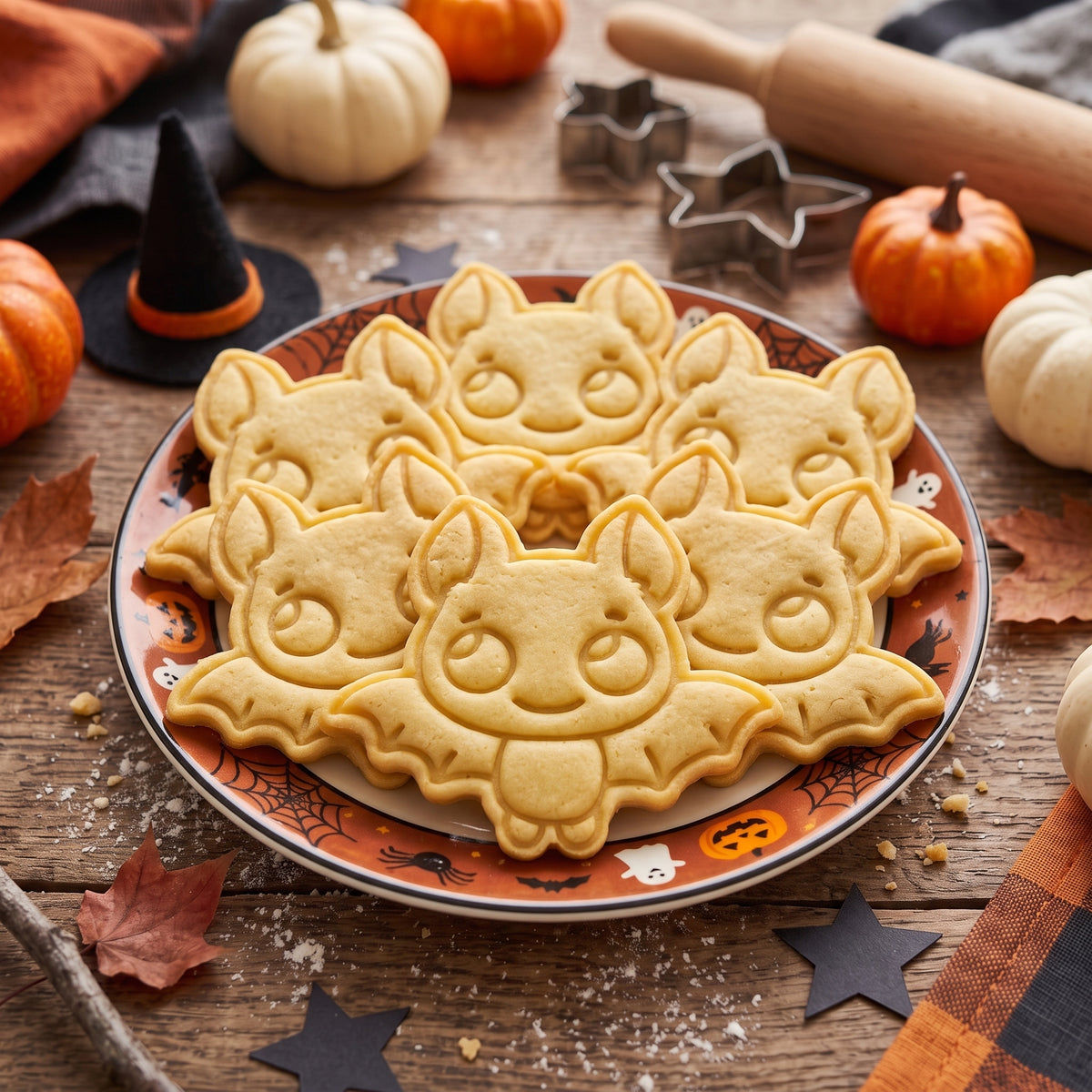 Esempi di biscotti a forma di pipistrello sorridente su un piatto di Halloween, con zucche sullo sfondo.