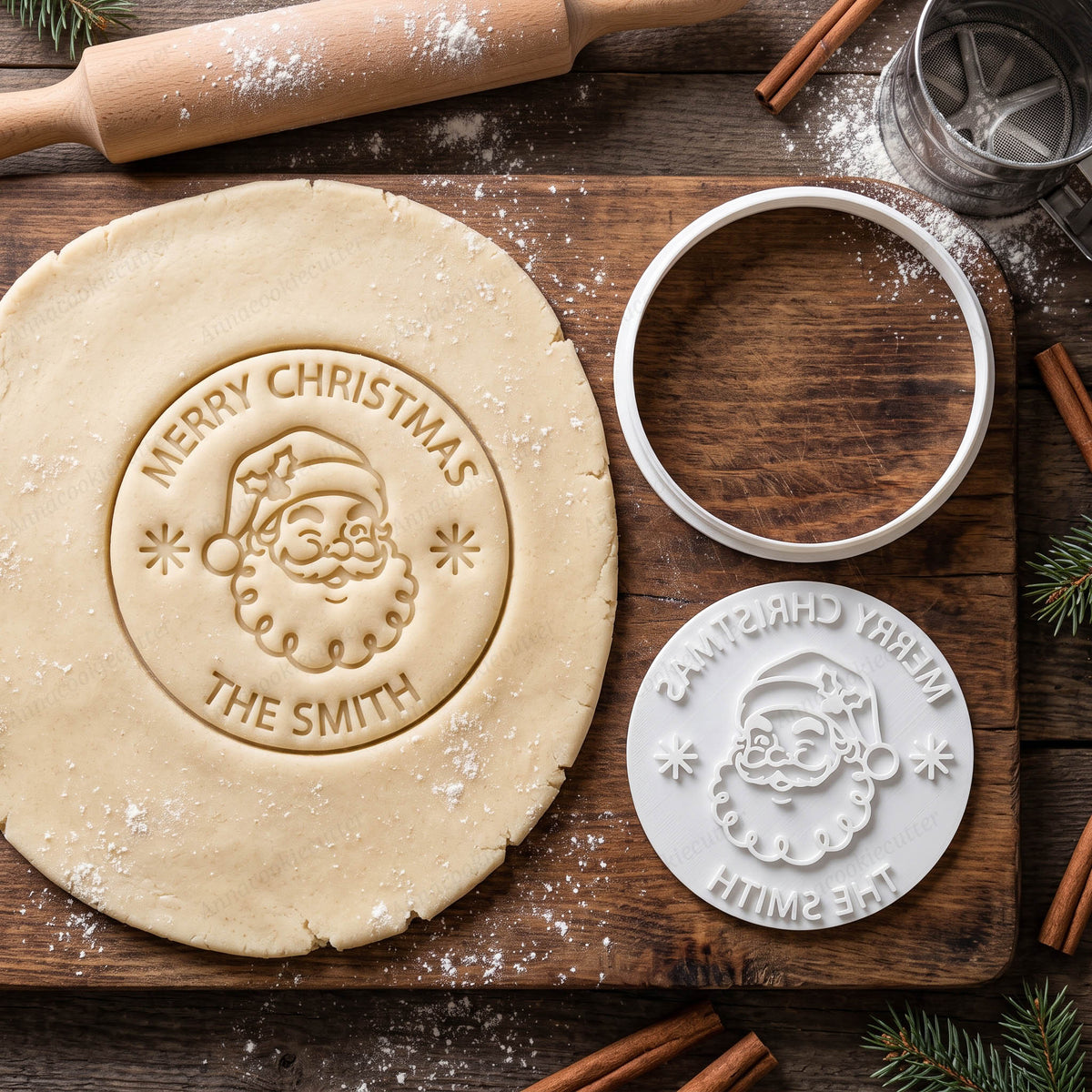 Set Tagliabiscotti e Timbro Babbo Natale Personalizzabile con Nome – Buon Natale o Merry Christmas