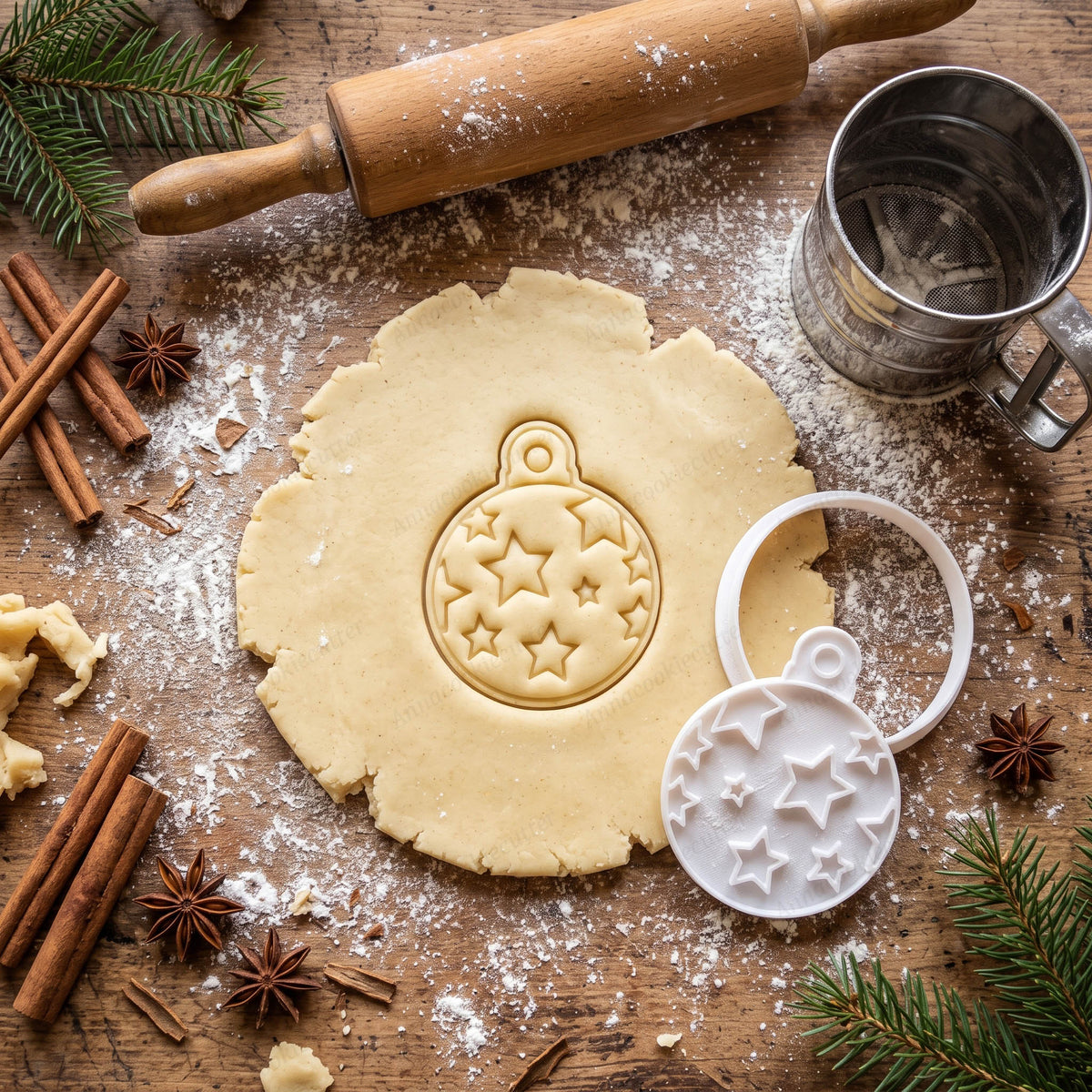 Pasta frolla impressa a forma di pallina di Natale con stelle, con tagliabiscotti e timbro.