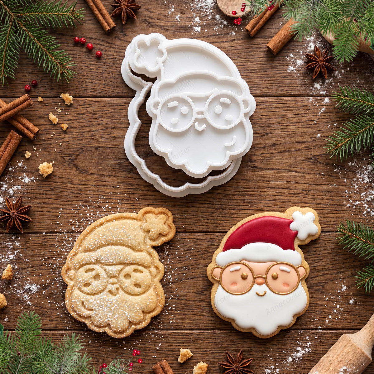 Tagliabiscotti e timbro di Babbo Natale con occhiali, con un biscotto semplice e uno decorato.