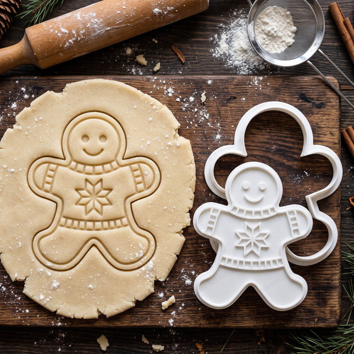 Tagliabiscotti e timbro omino con maglione e fiocco di neve, accanto alla sagoma impressa nella frolla.