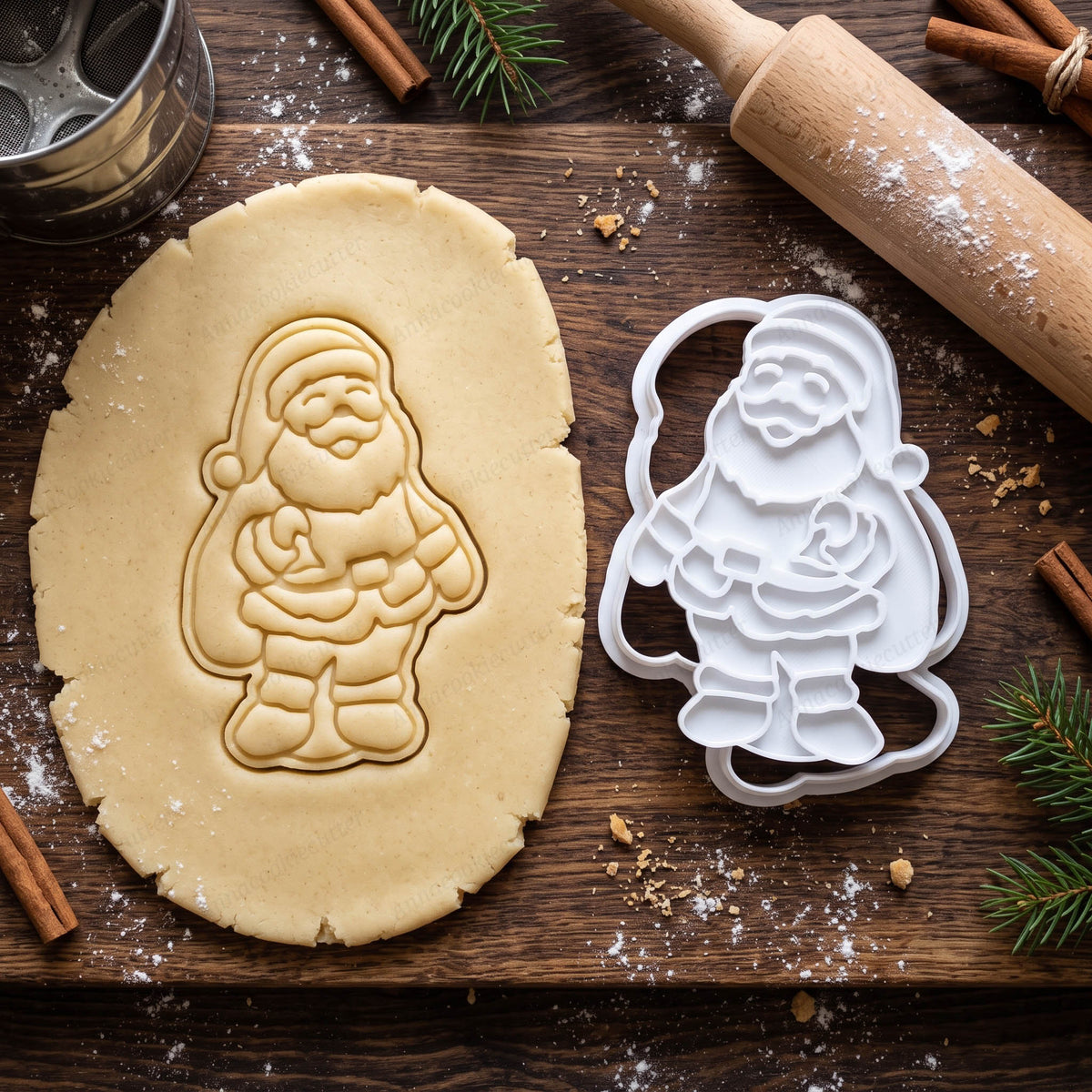 Babbo Natale con sacco impresso nella pasta frolla, accanto al tagliabiscotti e al timbro bianchi.
