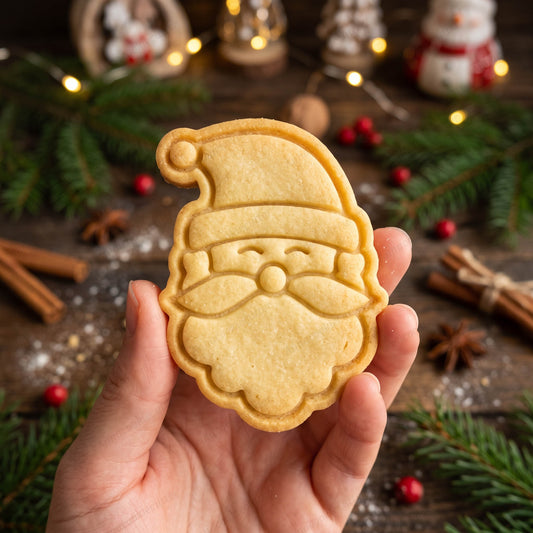 Biscotto tenuto in mano a forma di viso di Babbo Natale, con cappello, occhi sorridenti, baffi e barba impressi.
