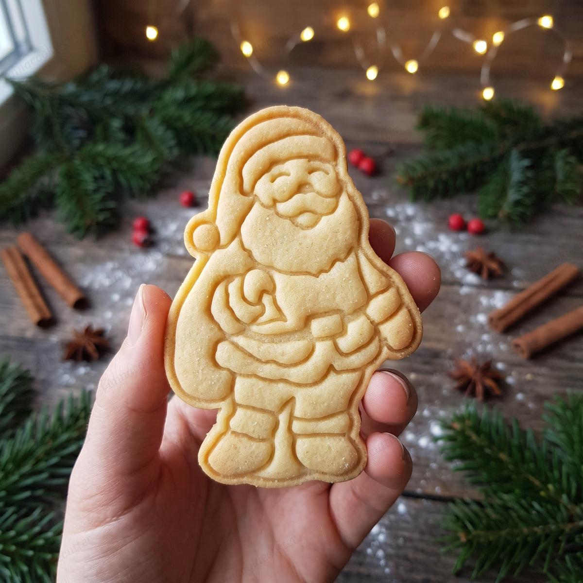 Biscotto tenuto in mano a forma di Babbo Natale a figura intera, con sacco sulla spalla, cintura e stivali.
