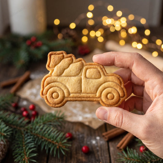 Biscotto tenuto in mano a forma di camioncino vintage con un albero di Natale dai rami arrotondati nel cassone.
