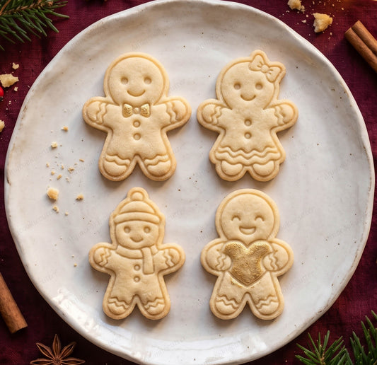 Quattro biscotti gingerbread su un piatto, con papillon, fiocco, berretto e sciarpa oppure cuore; esempi di utilizzo.