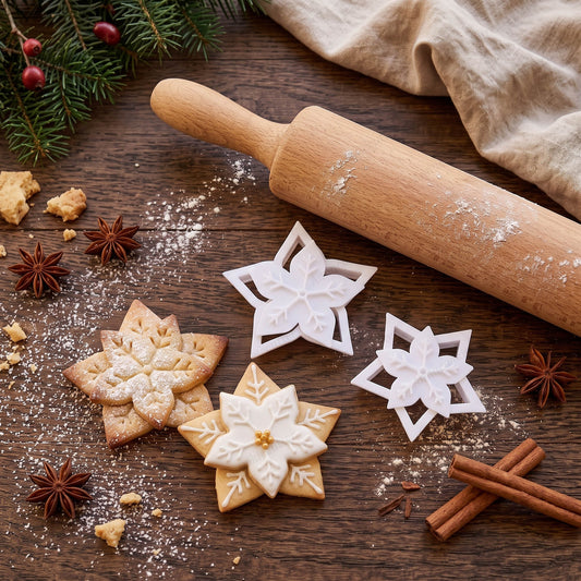 Tagliabiscotti e timbri bianchi Stella di Natale accanto a biscotti natalizi decorati su un tavolo in legno.