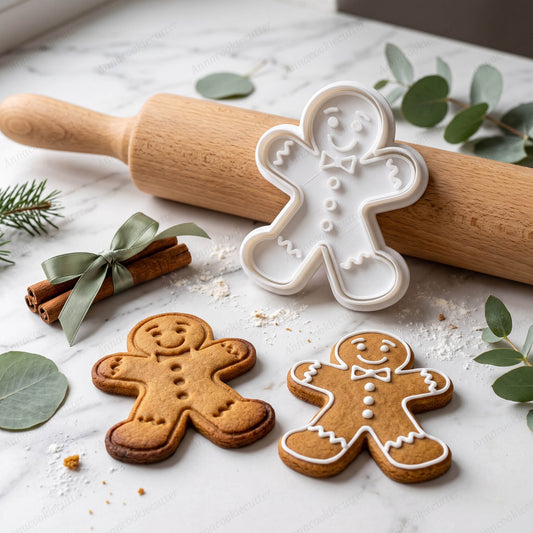 Formina bianca a forma di omino di pan di zenzero con due biscotti, uno semplice e uno decorato.