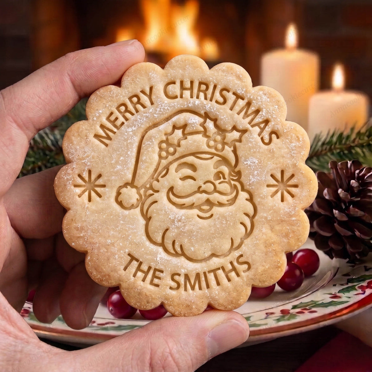 Biscotto festonato con Babbo Natale che fa l’occhiolino, agrifoglio sul cappello e scritte Merry Christmas e The Smith, tenuto in mano.