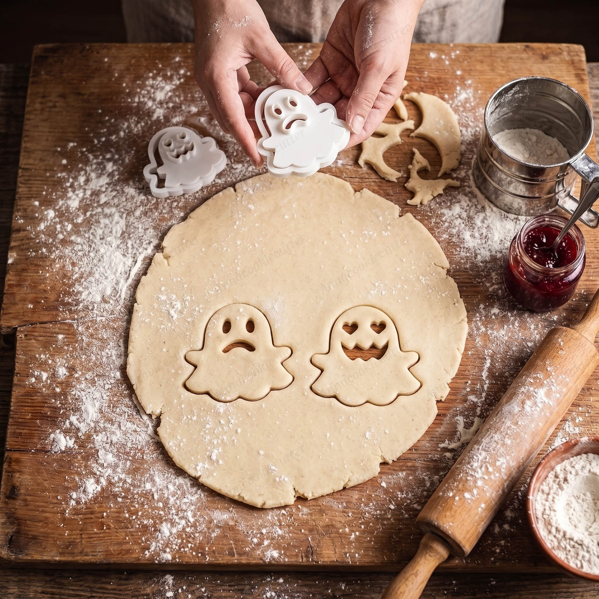Preparazione di biscotti fantasma nella pasta frolla con i modelli triste e con occhi a cuore.