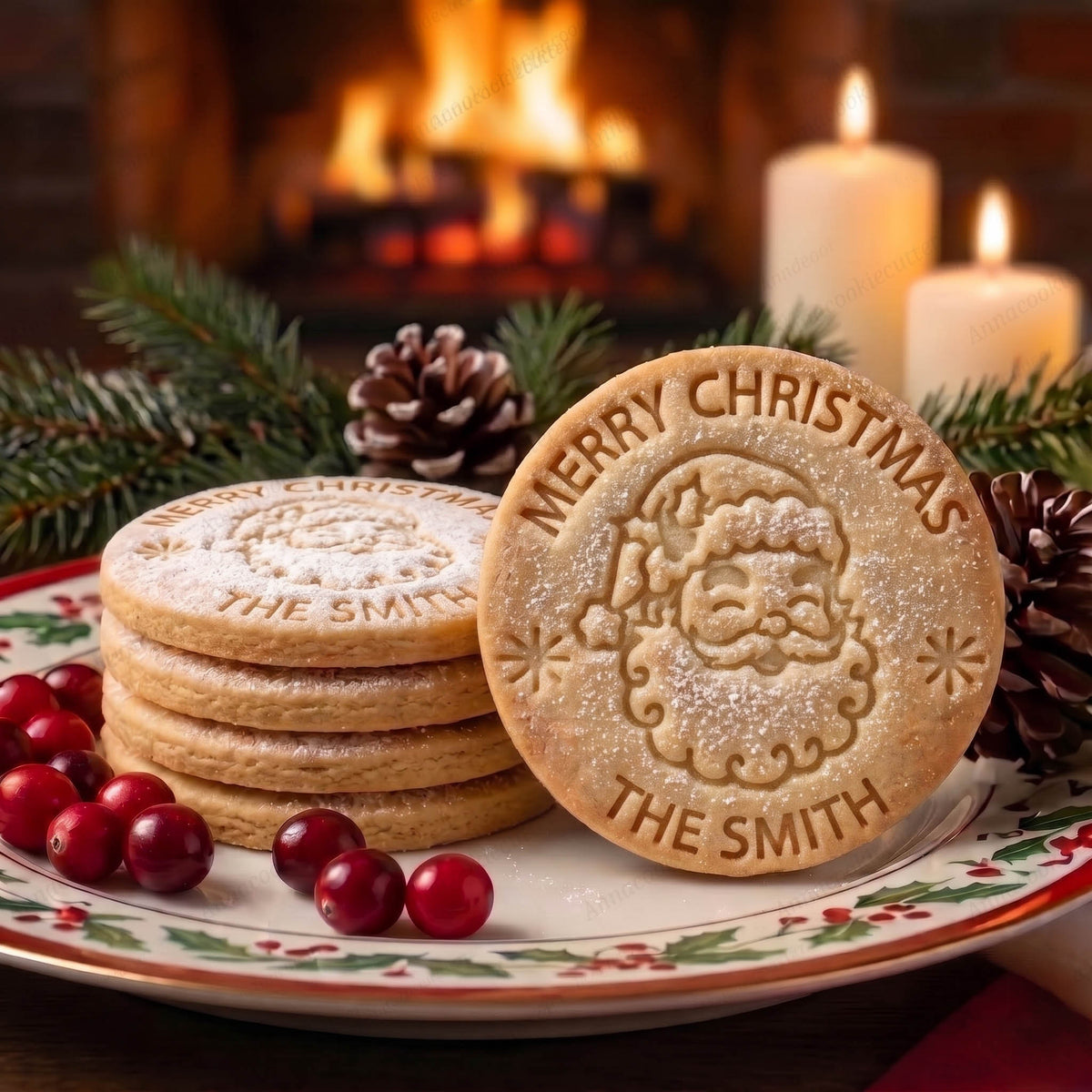 Biscotti rotondi con Babbo Natale e nome The Smith su un piatto natalizio, davanti a un camino acceso.
