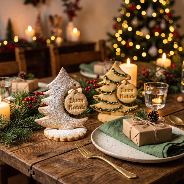 Alberi di Natale 3D di biscotti con base e pallina Buon Natale, su una tavola delle feste.