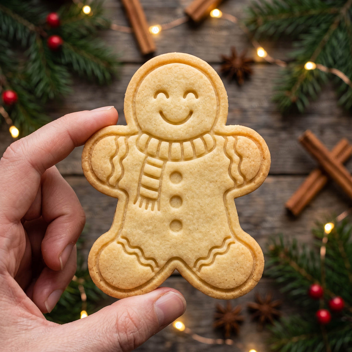 Esempio di biscotto a forma di omino pan di zenzero sorridente con sciarpa a righe e tre bottoni, tenuto in mano.