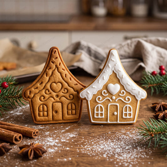 Due biscotti a forma di casetta di pan di zenzero con cuore, porta e finestre, uno semplice e uno decorato con glassa bianca.
