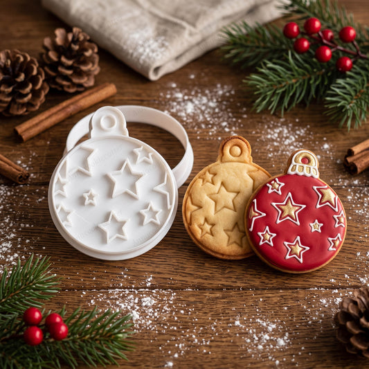 Tagliabiscotti e timbro pallina di Natale con stelle, accanto a biscotti semplici e decorati.